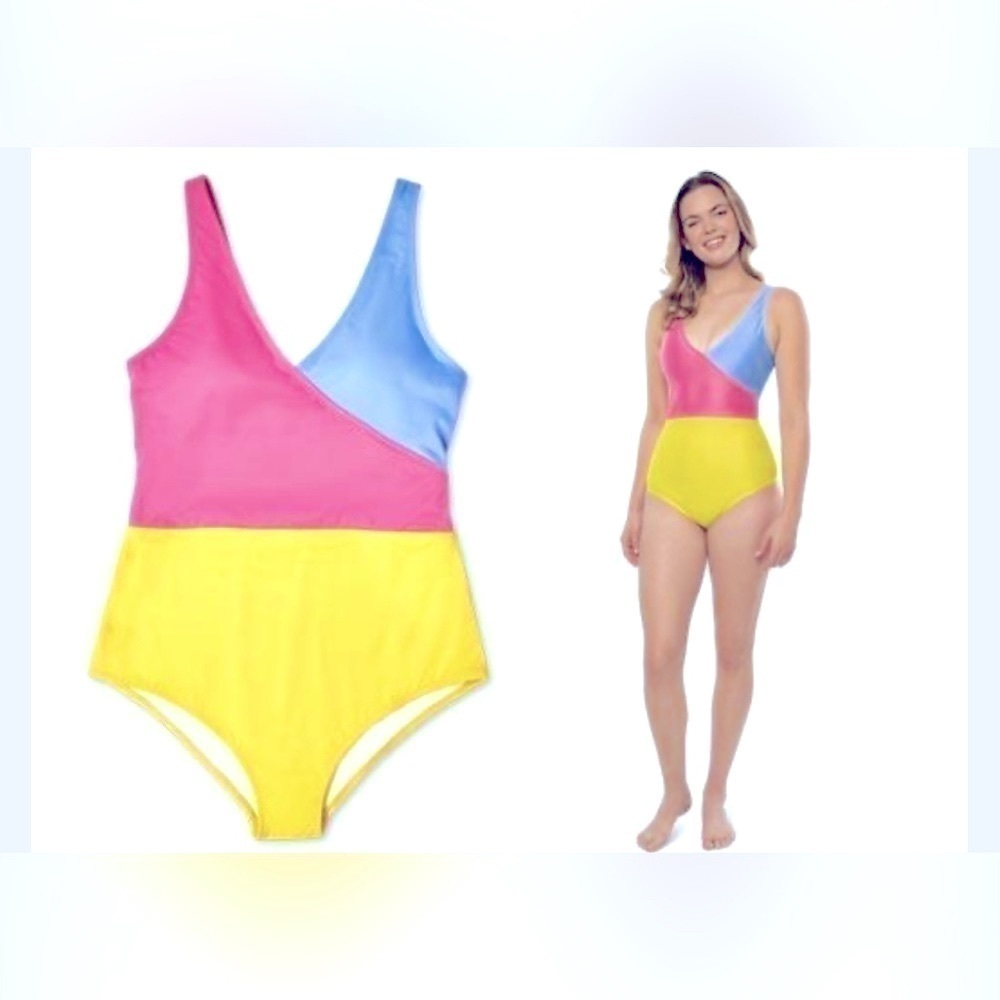 crane yellow blue and pink one piece color block swim suit nwot medium